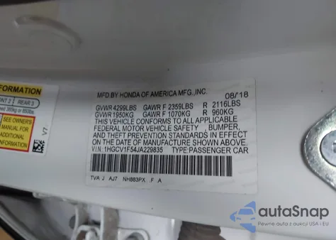 2018 Honda Accord Ex-L из США, поврежденный, VIN 1HGCV1F54JA229835